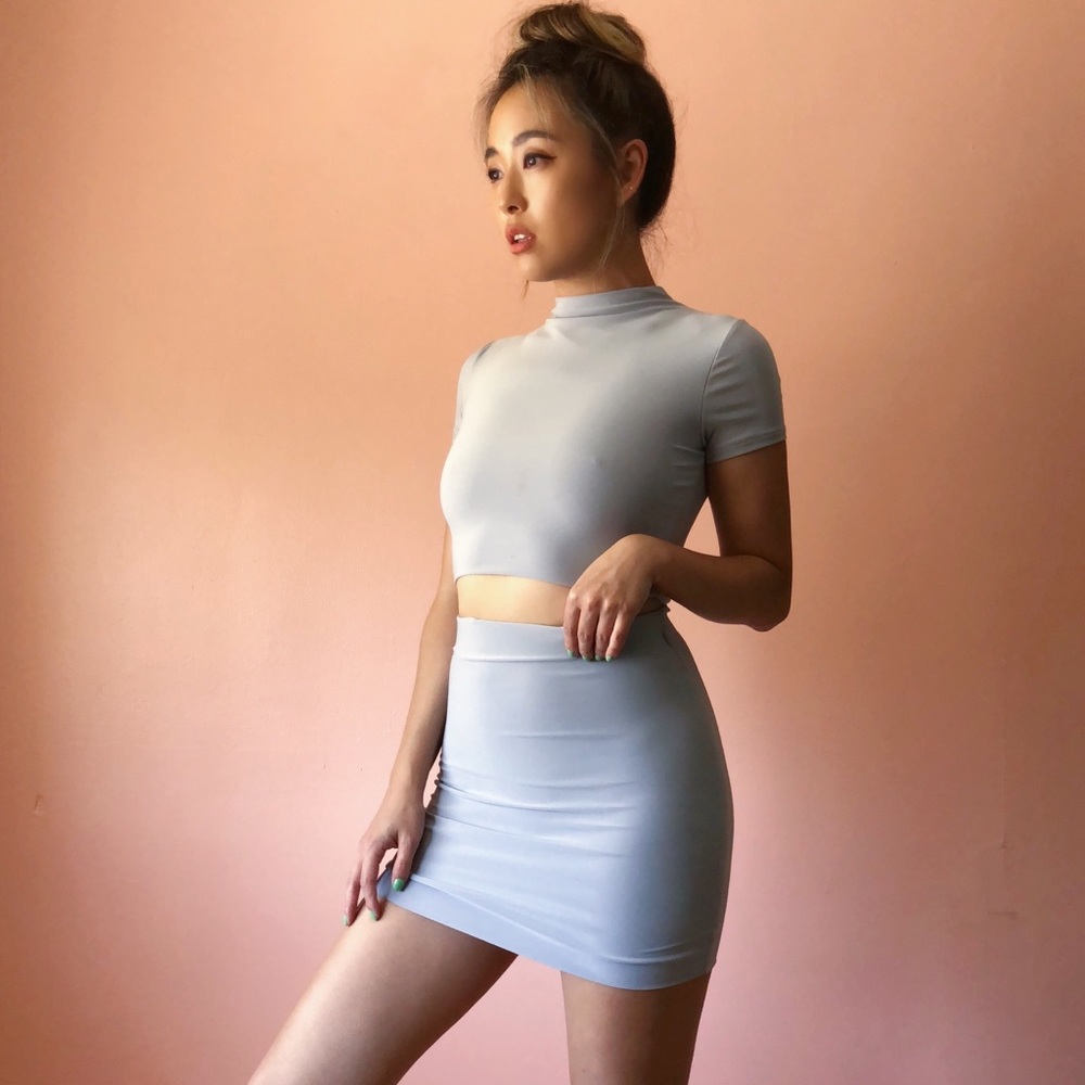 Silver Mock Neck Skirt Set